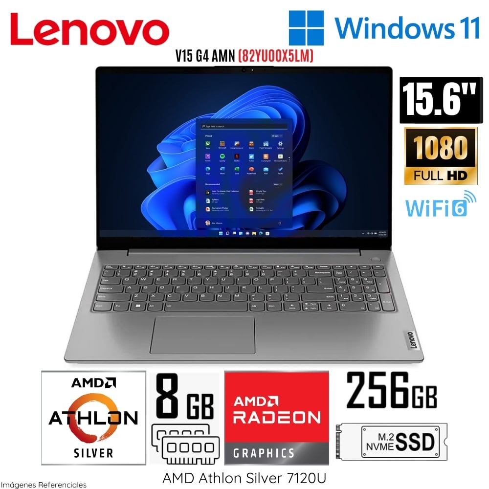 LAPTOP LENOVO ATHLON SILVER 7120U 8GB RAM DDR5 256GB SSD 15.6 PULG FHD