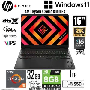LAPTOP HP OMEN 16 RYZEN 9-8940HX 32GB RAM DDR5 1TB SSD 8GB RTX5060 16 PULG 2K 144Hz